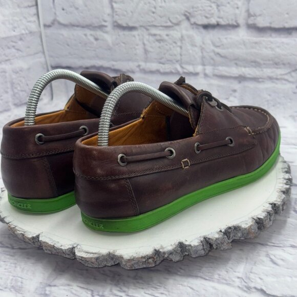 MONCLER Guadeloupe Leather Boat Shoes Green Soles Size EU 41 US 8 Made in Italy - Picture 8 of 14